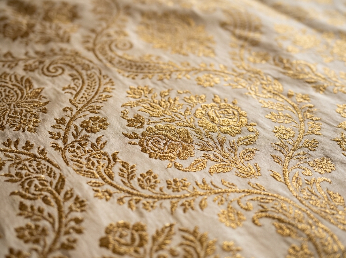 Macro texture of handwoven Banarasi gold zari brocade silk fabric